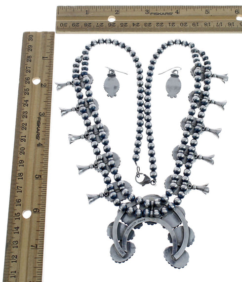 Navajo Genuine Sterling Silver Golden Hill Turquoise Squash Blossom Necklace Set JX127021